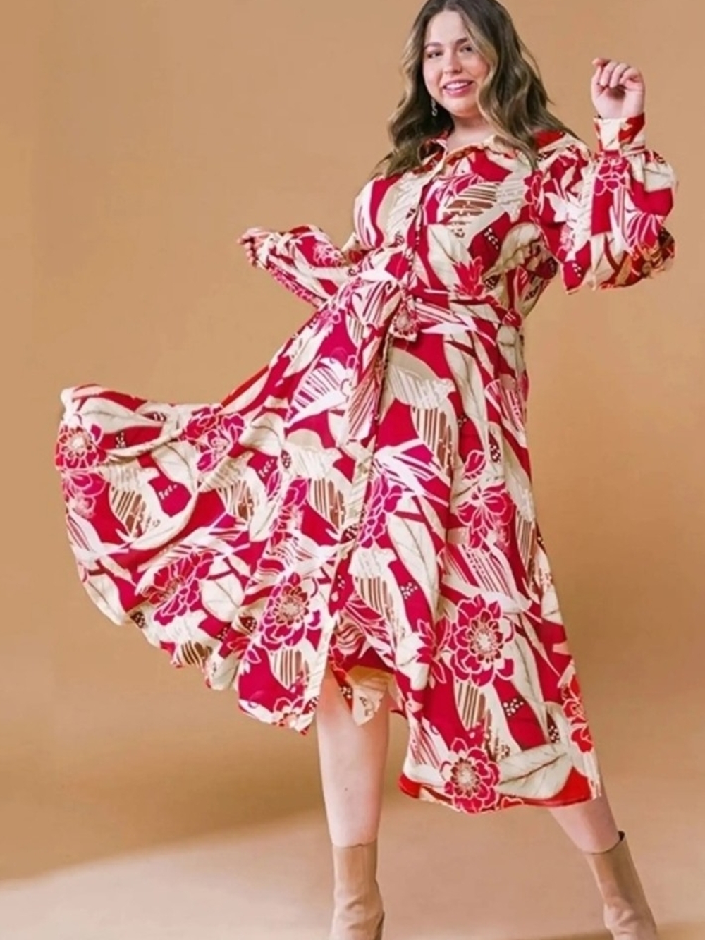 Red & Cream Floral Midi Wrap Dress with Tie Waist